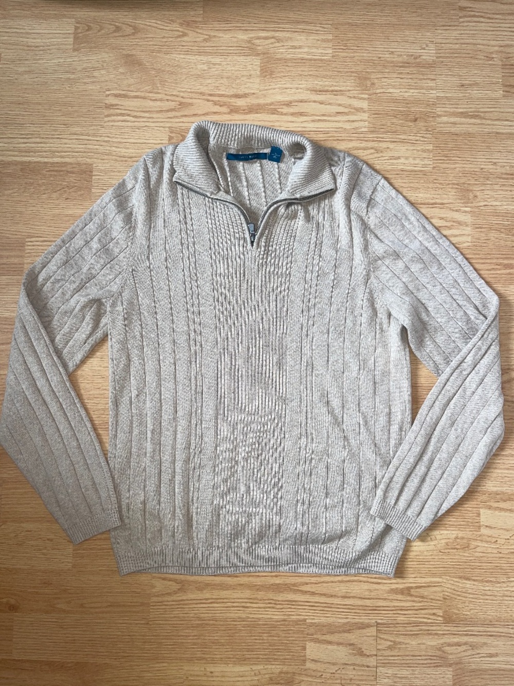 Perry Ellis Beige Cotton Knit Quarter Zip Long Sleeve Sweater Top Size Large